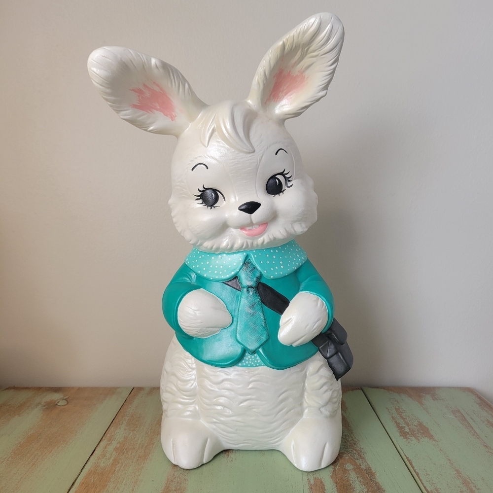 Kitschy Cute Large Easter Bunny Ceramic Figurine • Teal Jacket & Tie 🐰🩵